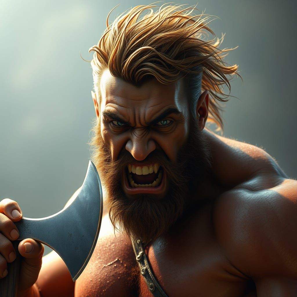 Rugged Man Exudes Fury with Worn Ax in Hand