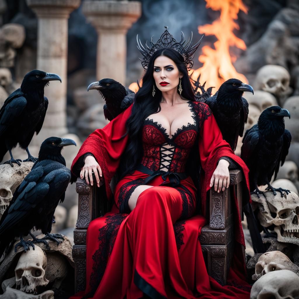 Sorceress on Skull Throne with Ravens, Professional Photogra...