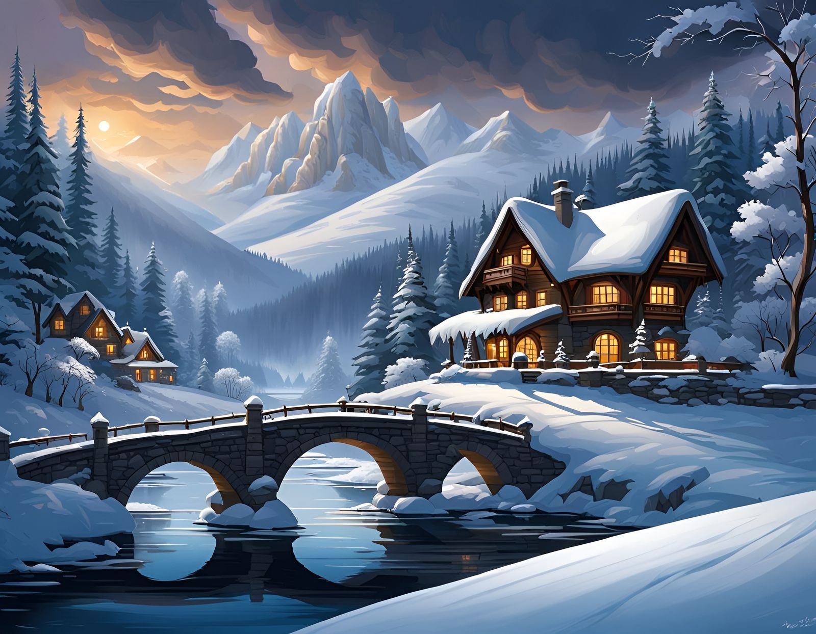 Winter Chalet and Snowy Bridge Landscape