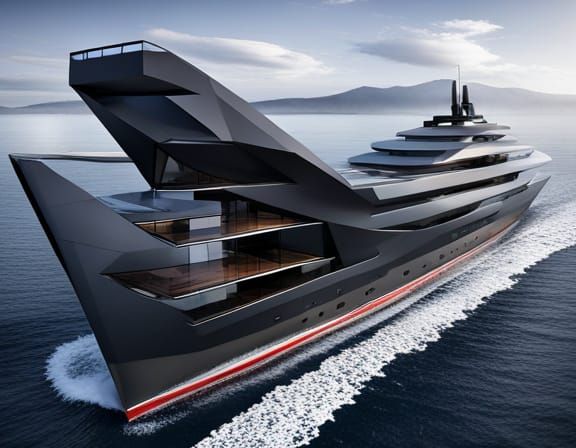 futuristic geometric yacht matt black steel and glass structure sharp angles Origami folds, beautiful striking im...