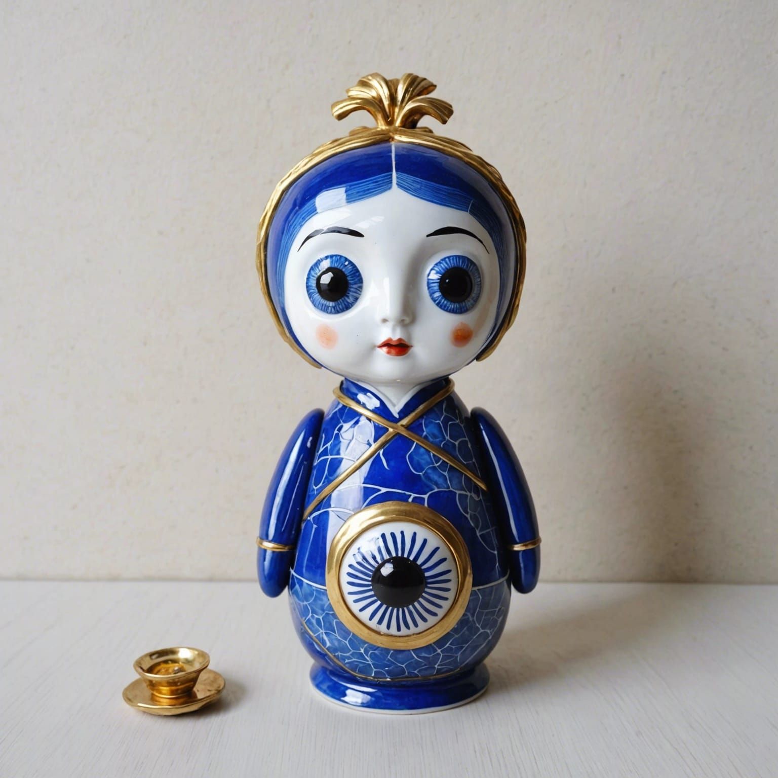 Kintsugi Blue Willow Doll with Googly Eyes