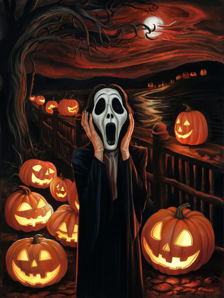 Eerie Halloween Mask Figure, Oil Painting