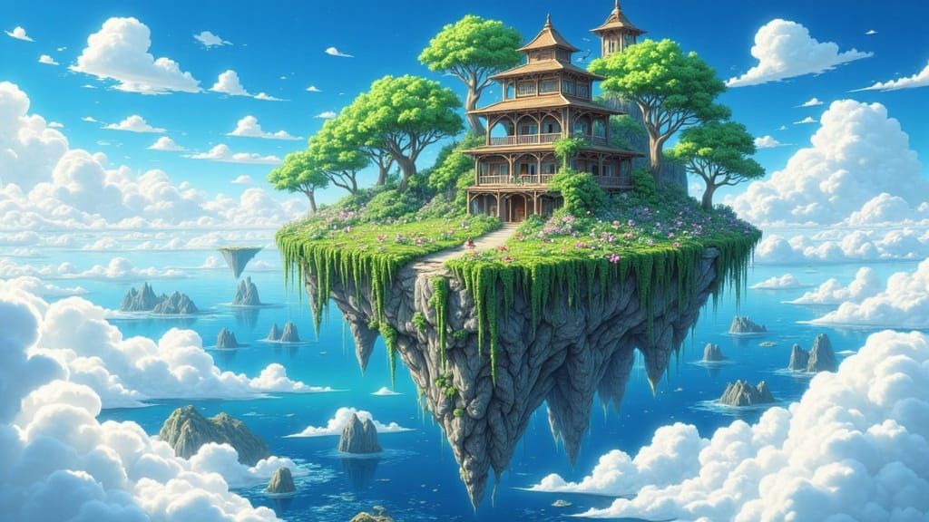 Surreal Anime Castle Island Rises from Clouds in Studio Ghib...