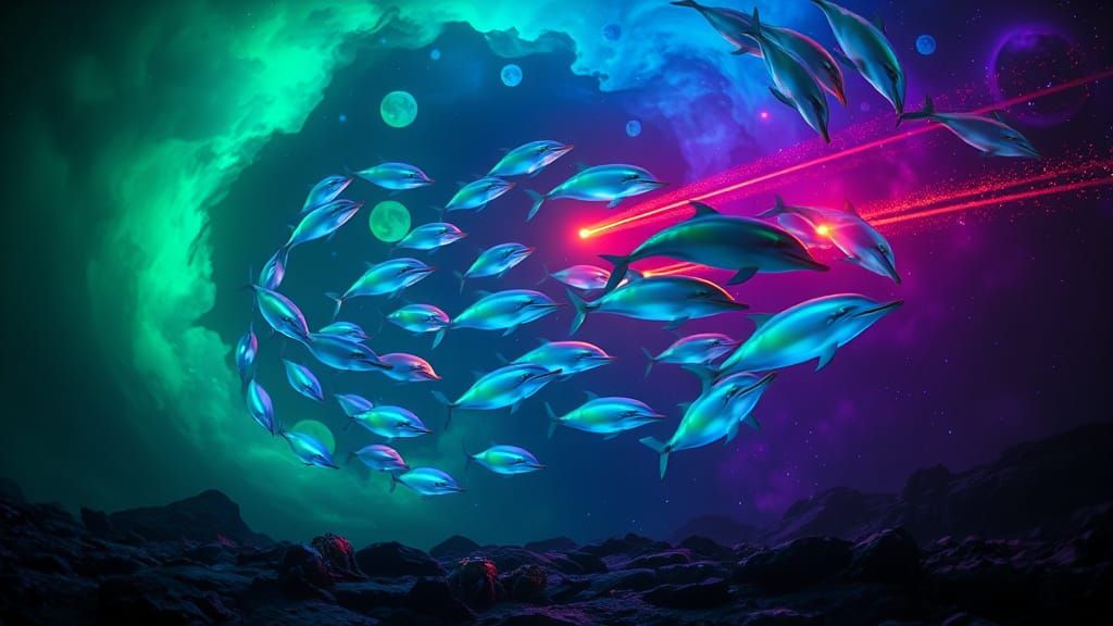 Galactic Dolphin Spectacle in Neon-Lit Bioluminescence