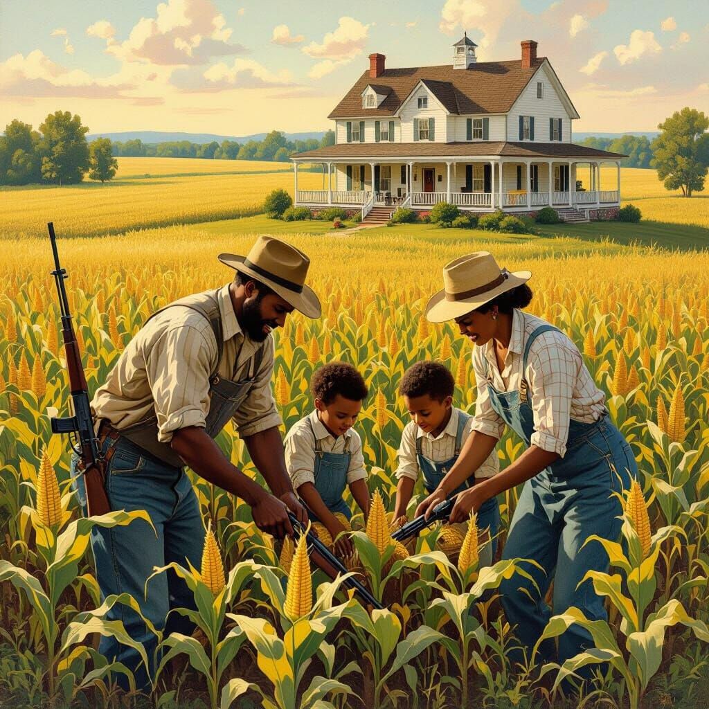Black Family Tending Corn Farm in Countryside Style