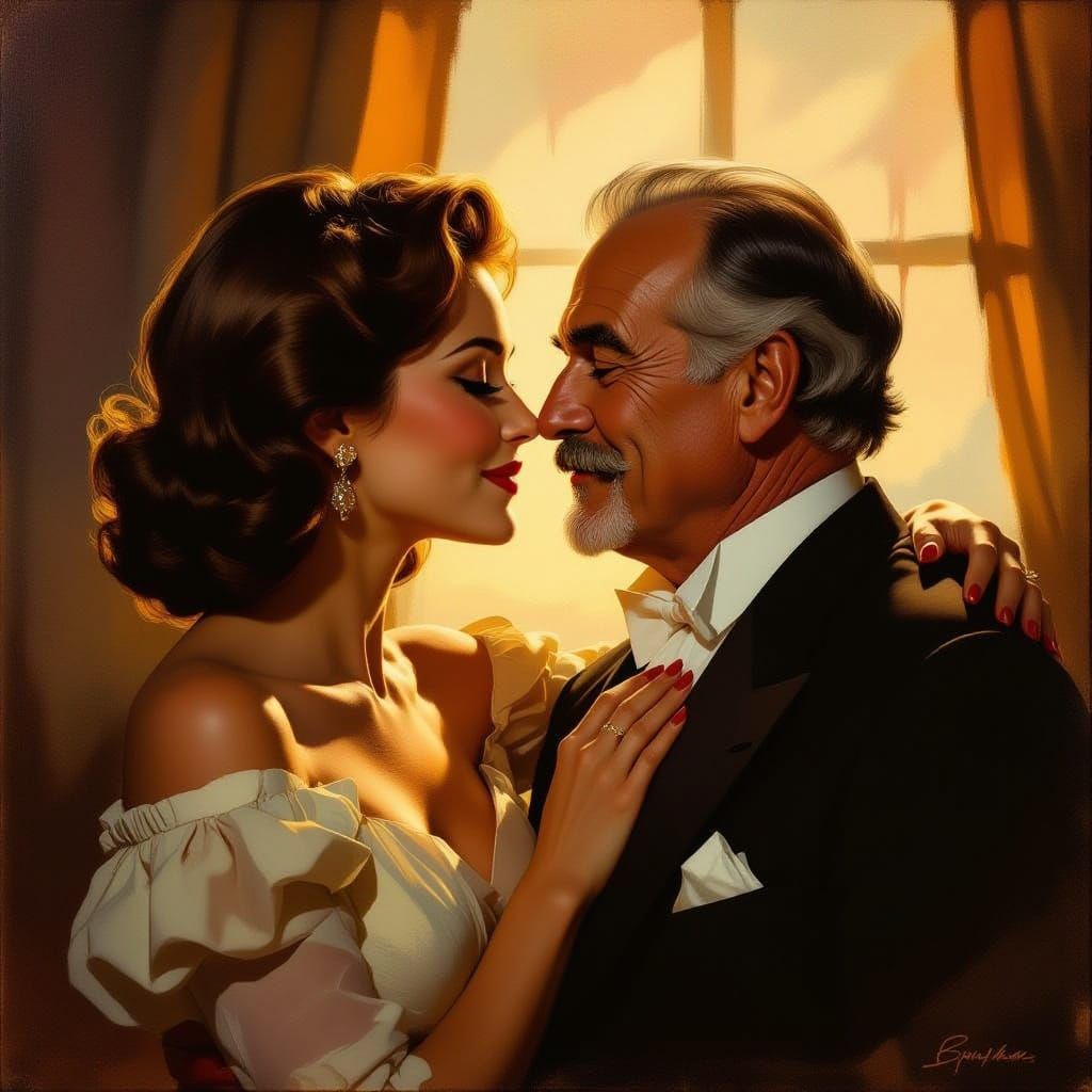 Romantic Oil Painting of Intimate Kiss Scene