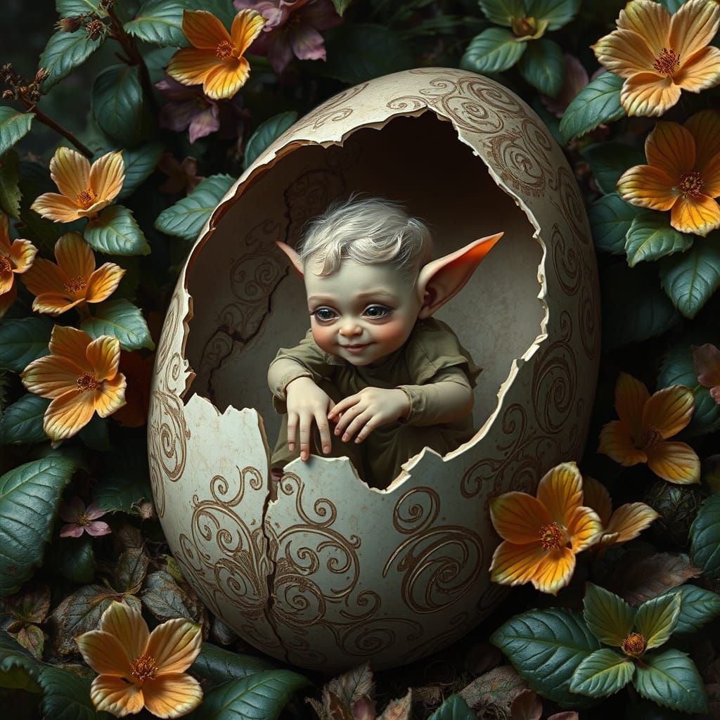 Elf Emerging from Eggshell in Whimsical, Hyperrealistic Scen...