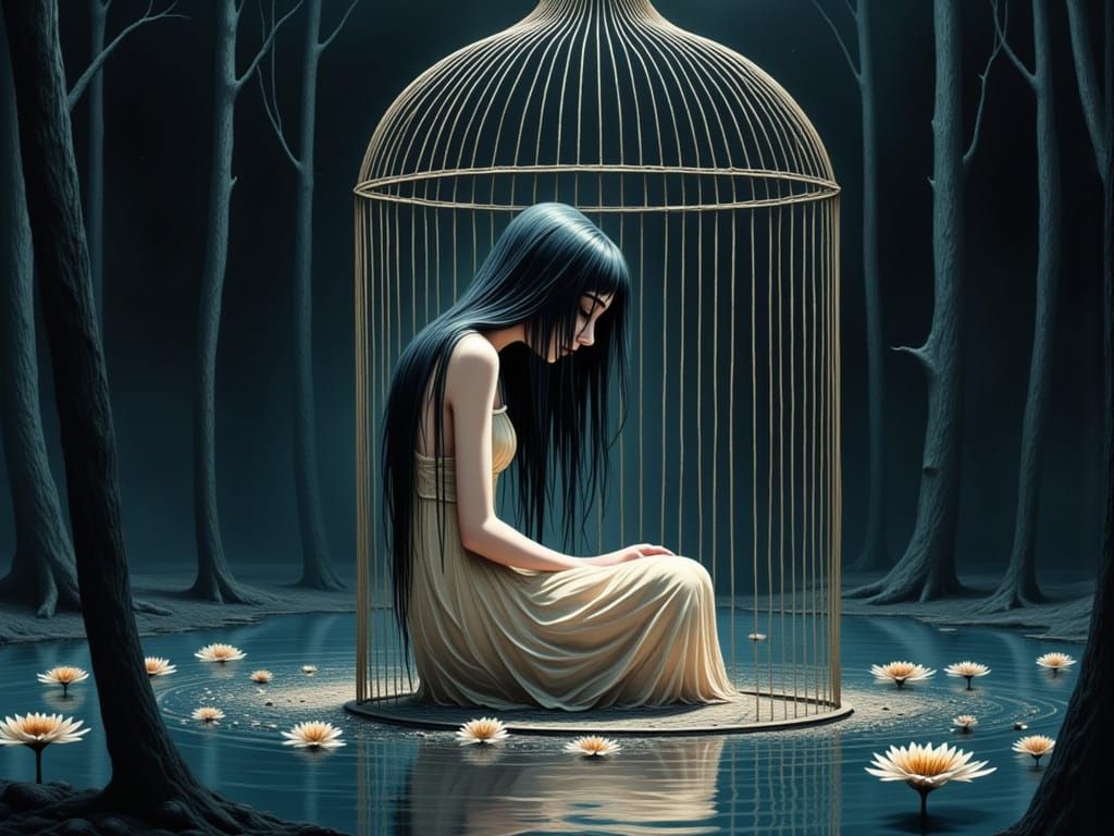 A Young Girl in a Birdcage, Shrouded in Sorrowful Darkness