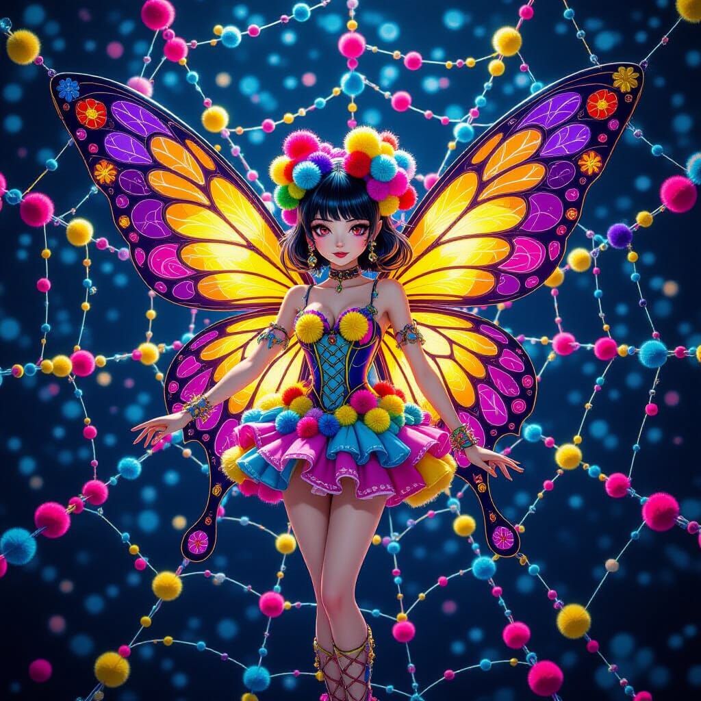 Whimsical Fairy in Dark Tech Web, Vibrant Digital Art