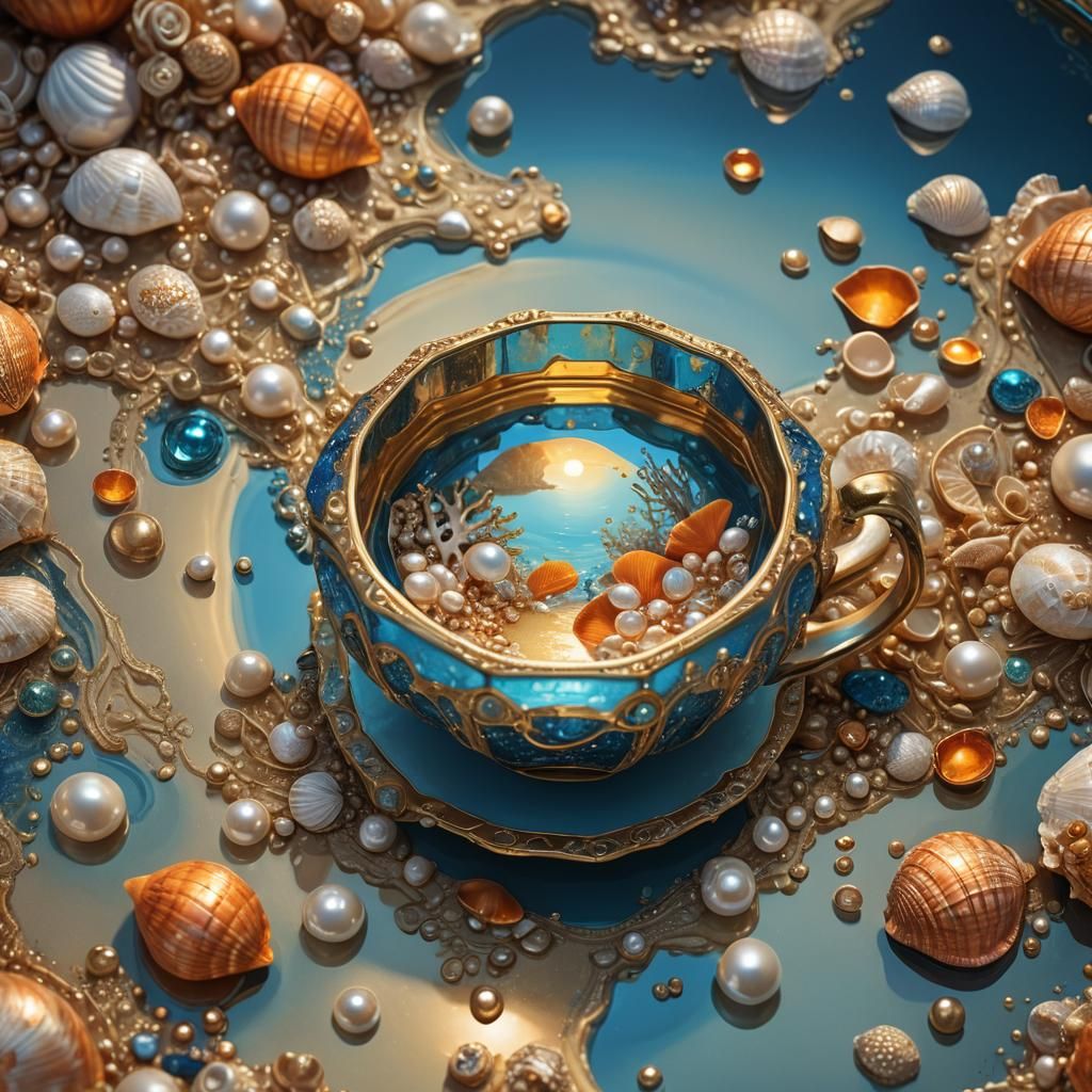 Octagonal Cup Reflecting a Vibrant Ocean, Matte Painting