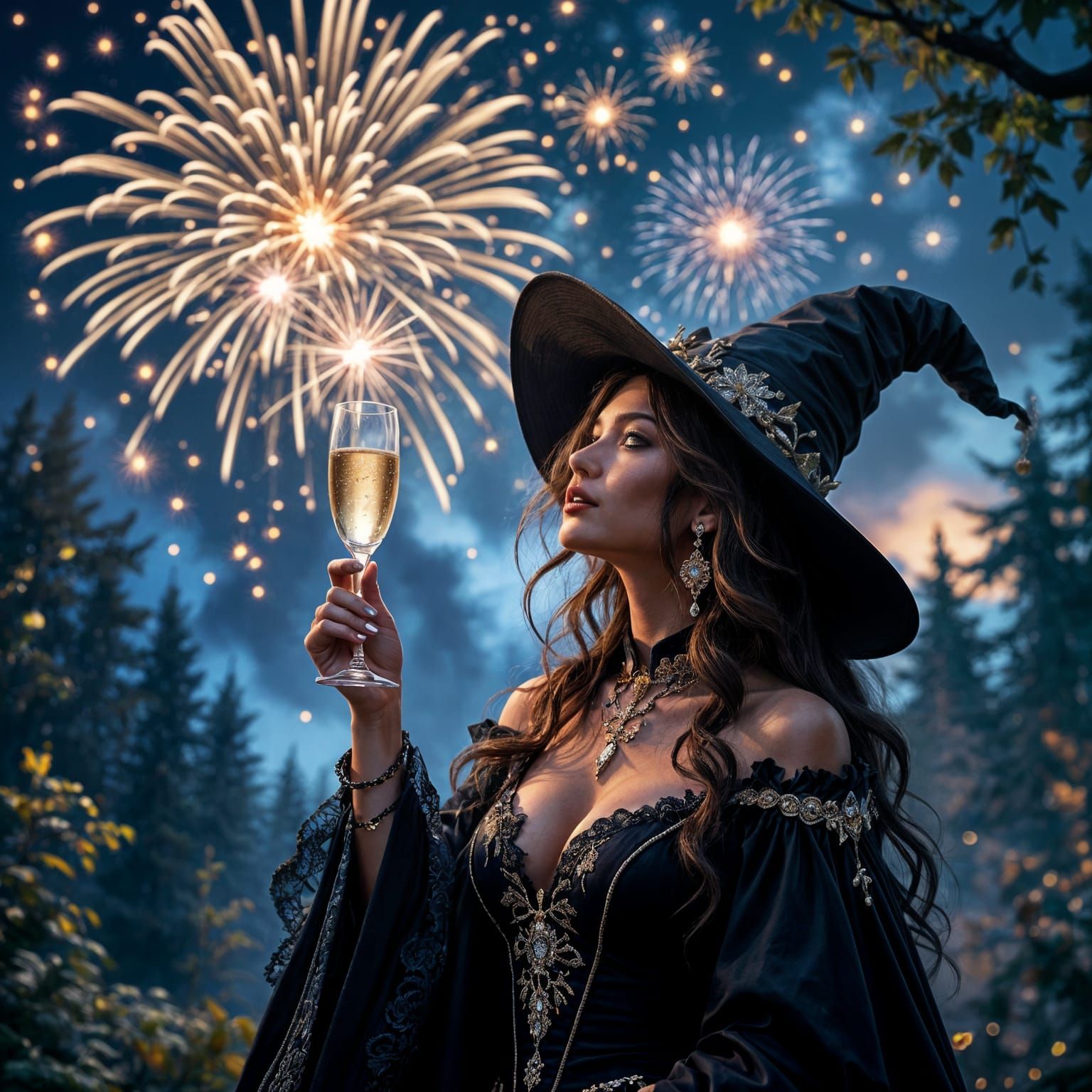 Woman in Witch Costume with Champagne Watching Fireworks