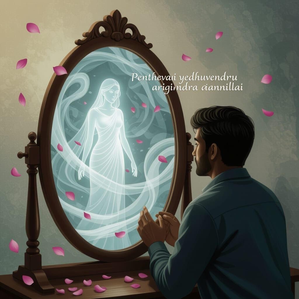 Surreal Mirror: Man Seeks Ethereal Woman in Misty Dreamscape