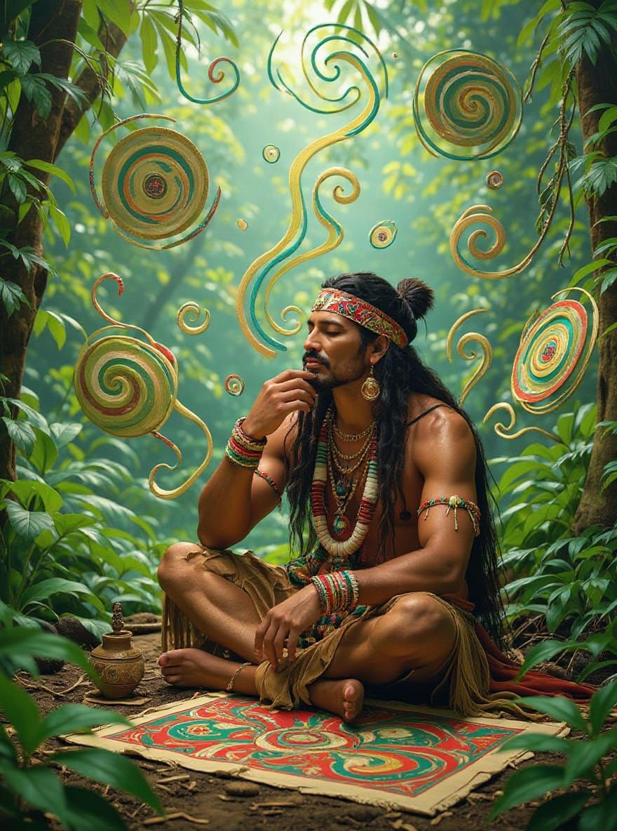 Man Meditating Amidst Lush Greenery and Swirling Nature Patt...