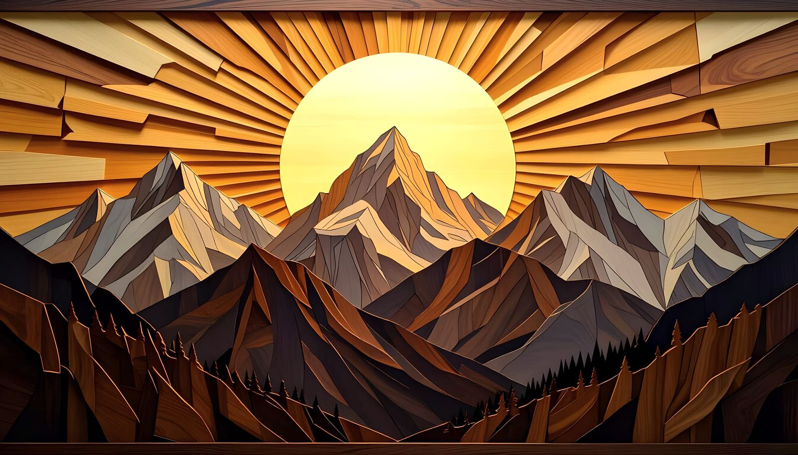Wooden Sun and Mountains Mural