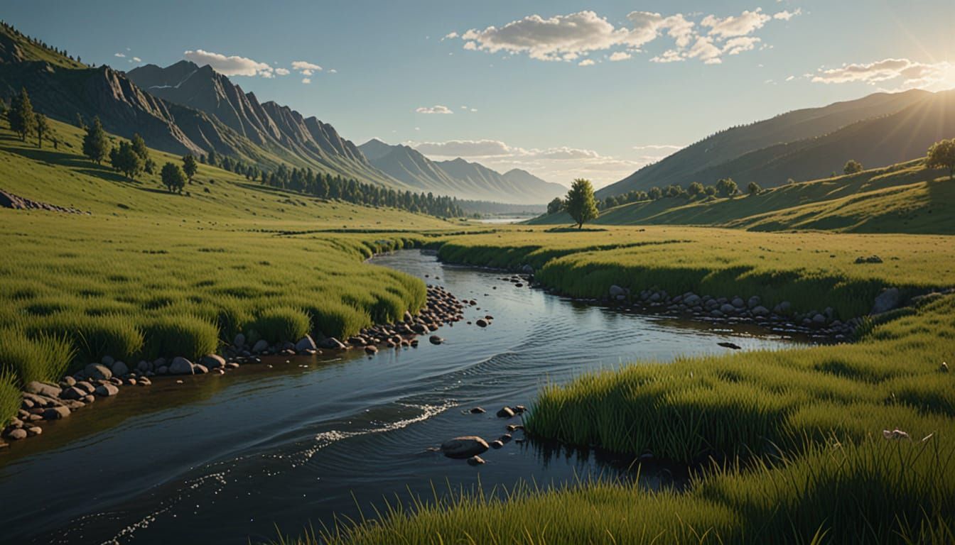Sun-Drenched River Landscape in Golden Hour Light