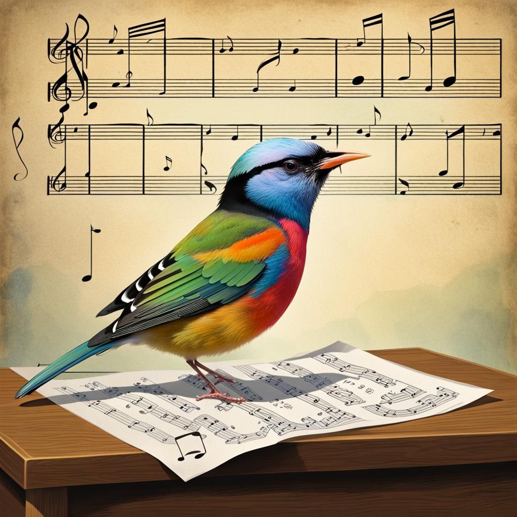 Surreal Colorful Bird Sings with Sheet Music