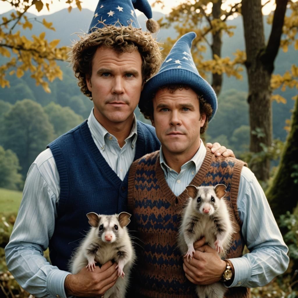 Men with Opossum in 80s Glamour Shot Style