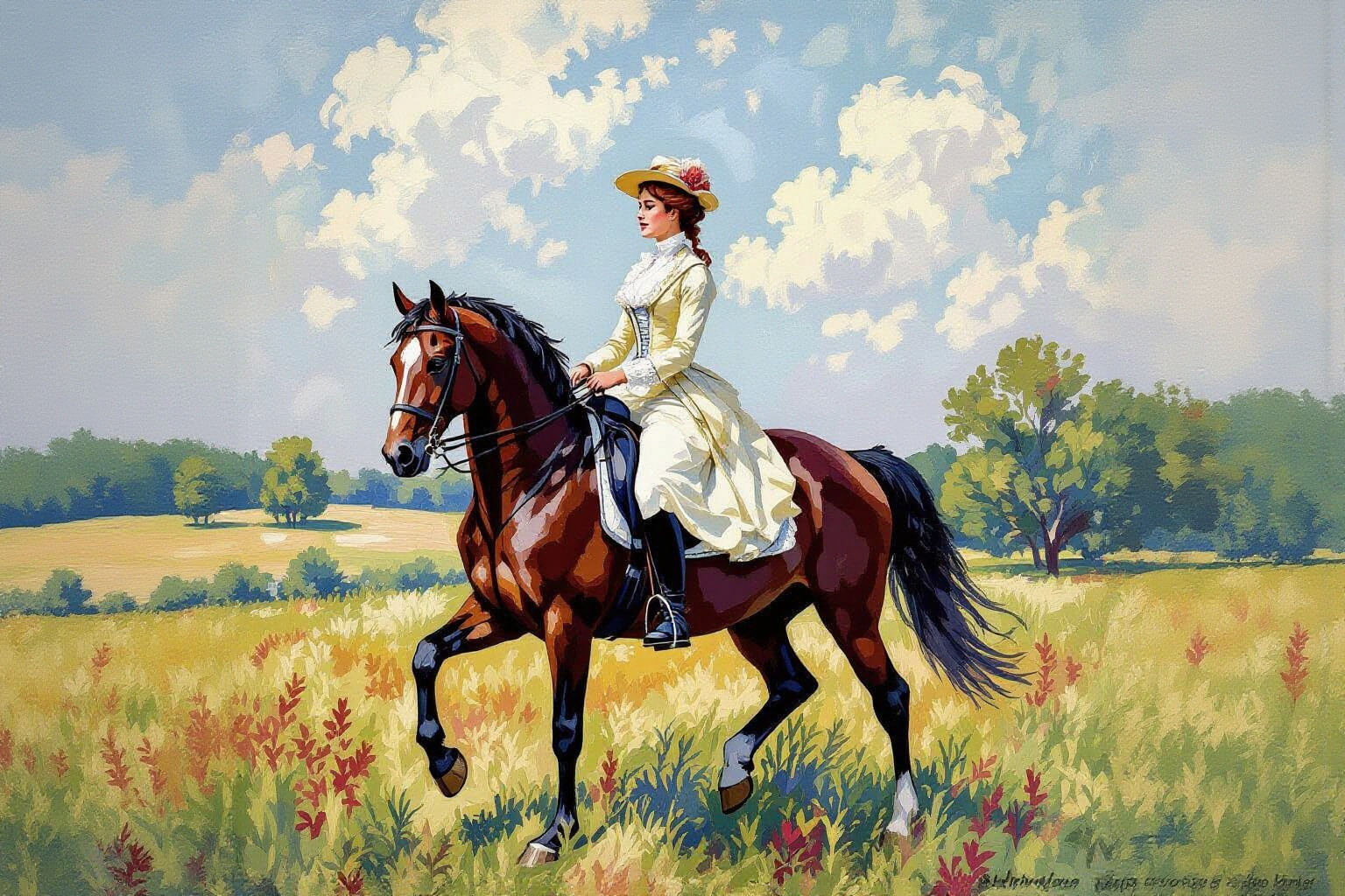 1700s Woman Riding Horse in Pointillism Style