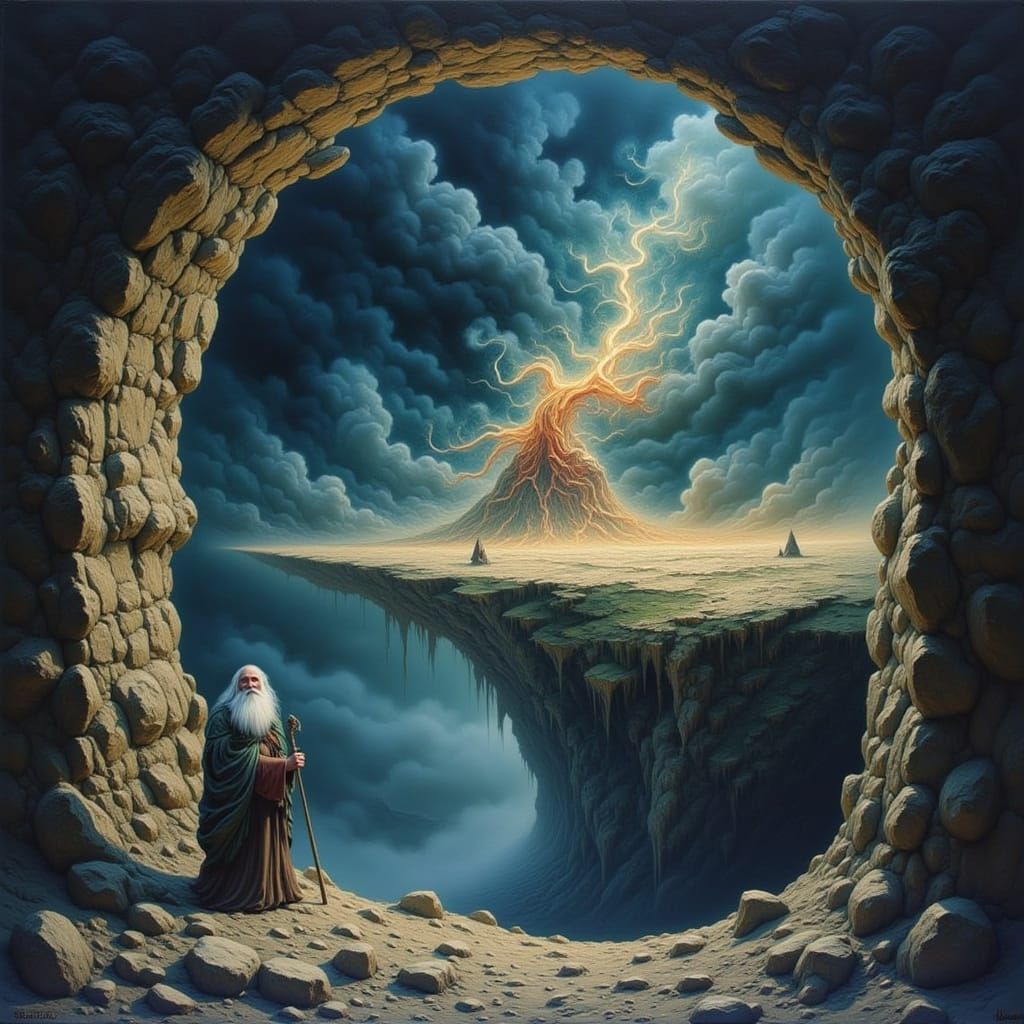 Grizzled Wizard Casting Spell on Misty Mountain Peak