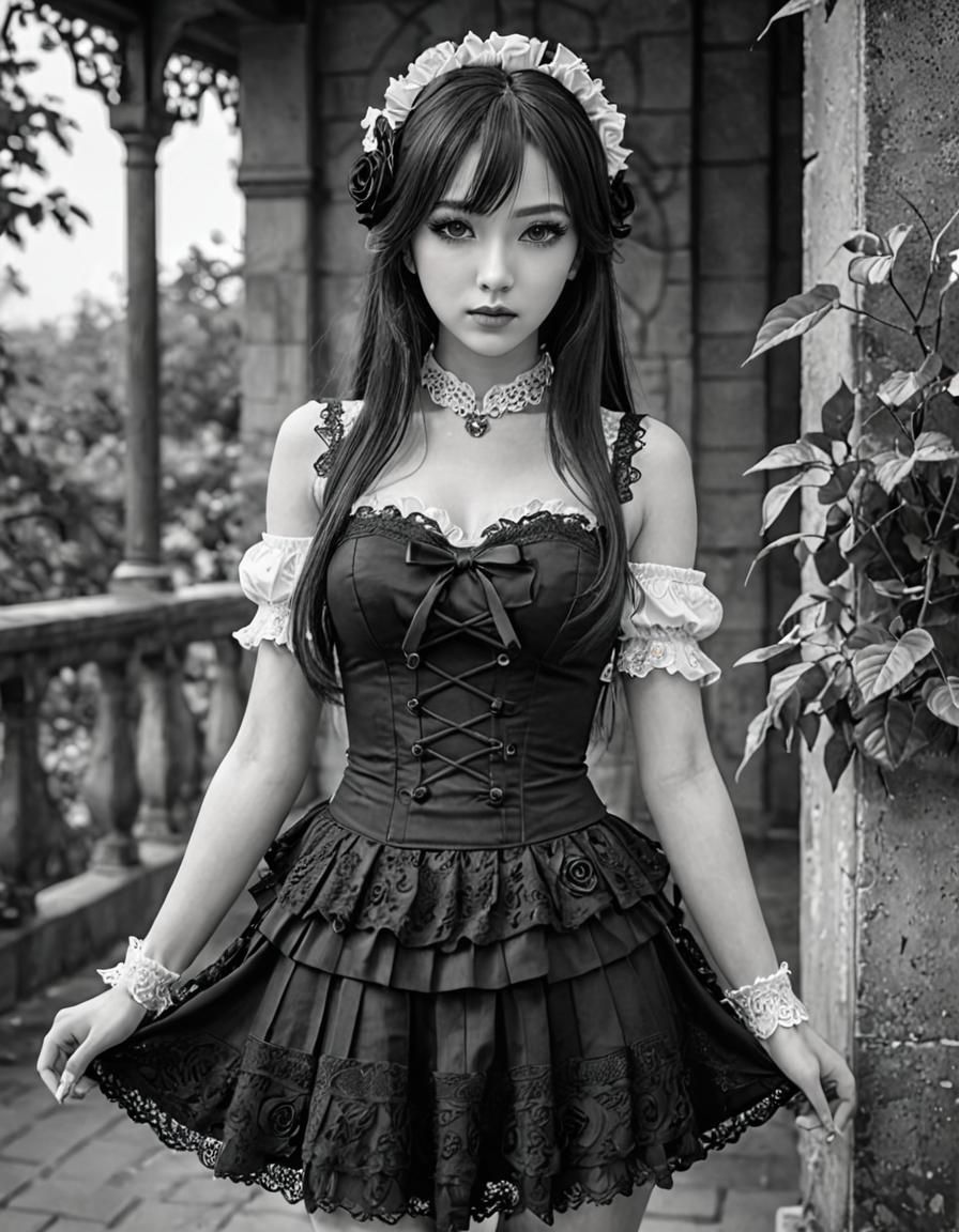 Anime Woman in Monotone Fashion with Rose Pattern