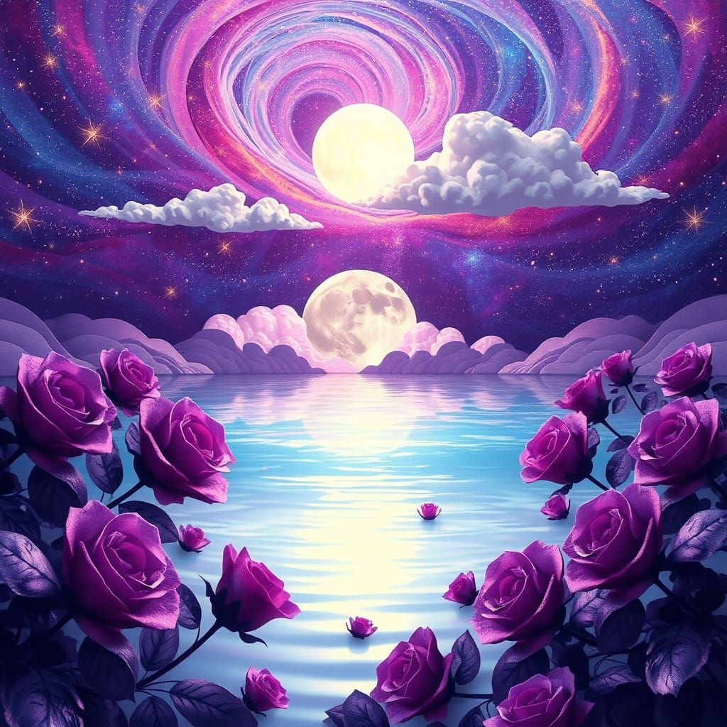 Iridescent Lake and Roses in Papercraft Galaxy