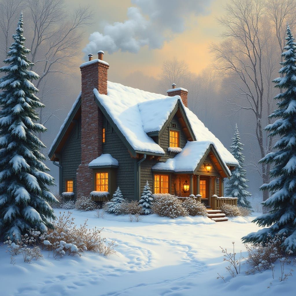 Cozy Home in Winter Landscape, Luminist Painting