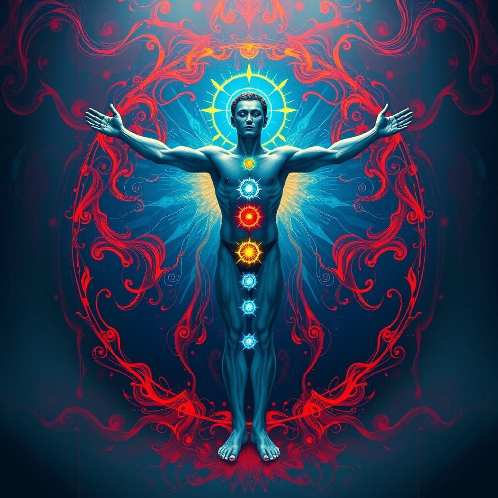 Ethereal Vitruvian Man in Vibrant Chakra Hues