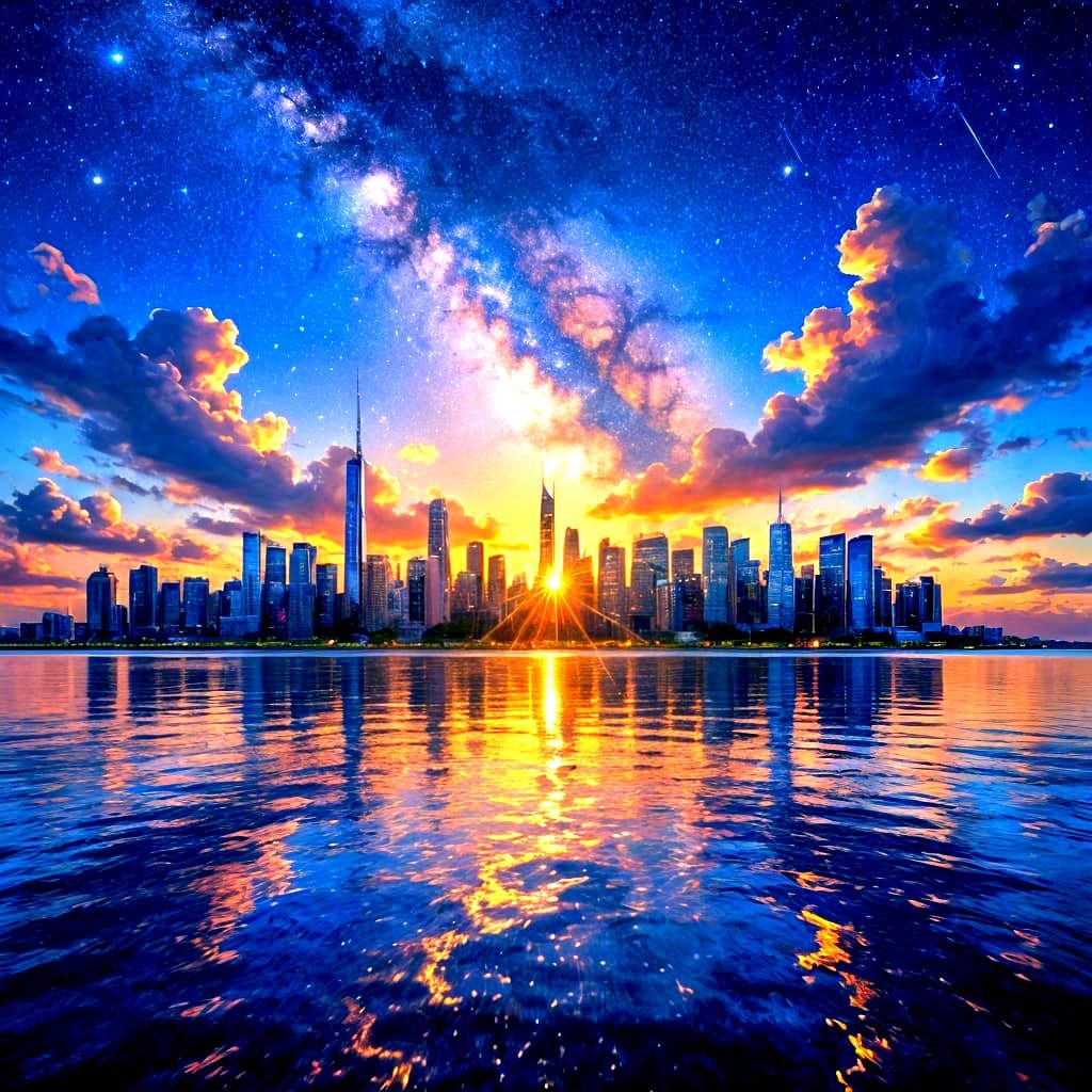 Dreamlike Cosmic City Skyline at Sunset