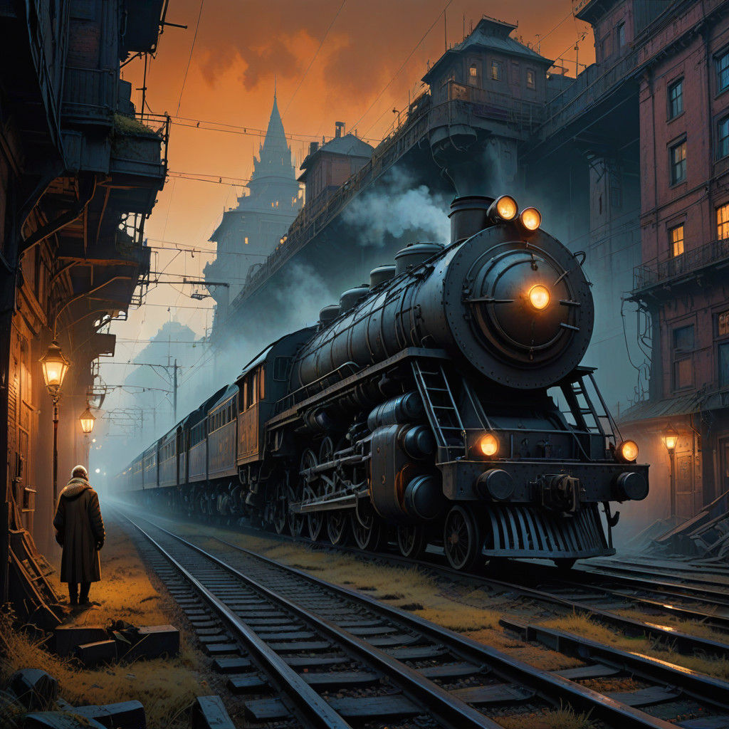 Surreal Rusty Locomotive Amidst Misty Fantasy Landscape