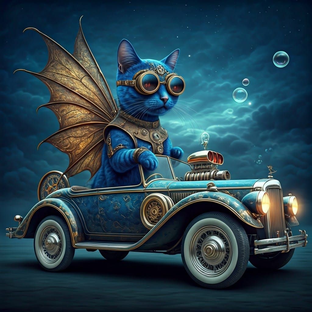 Steampunk Cat Fairy in Velvet Car with Brass Wings