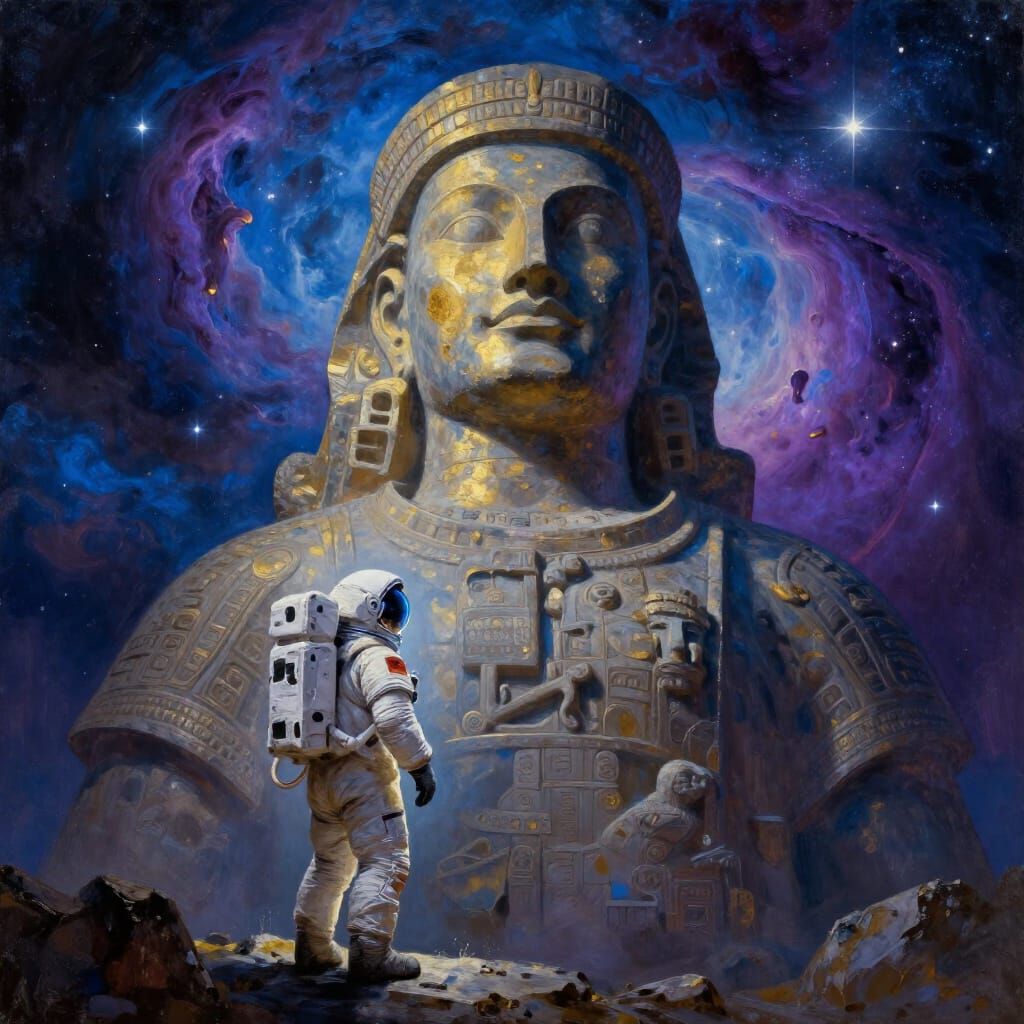 Astronaut's Cosmic Awe Before Ancient Nebula Statue
