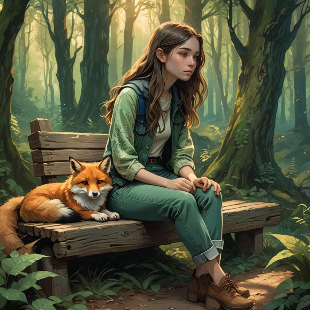 Magical Forest Scene with Girl, Fox and Wolf