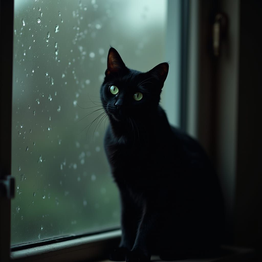 Black Cat Watching Rain: Hyperrealistic Photography