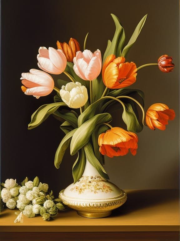 Rococo Still Life: Tulips in Porcelain Vase