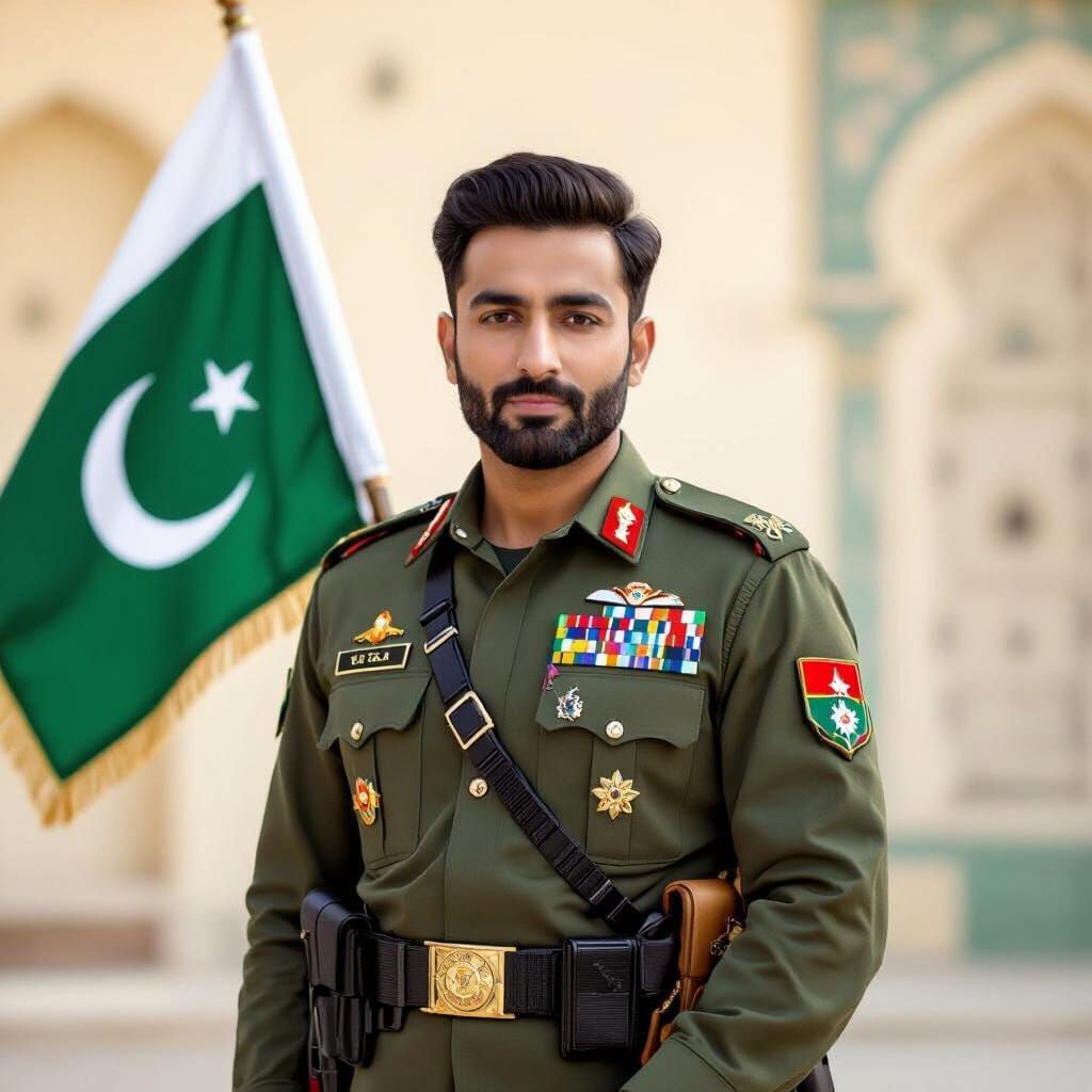 Pakistani Soldier Stands Proudly with Flag