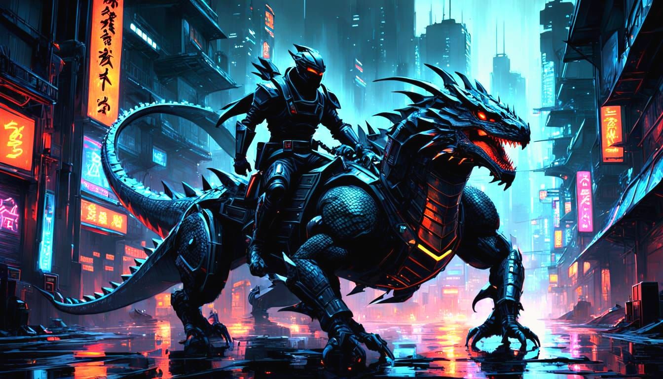 Ninja Riding a Cyberpunk Dragon