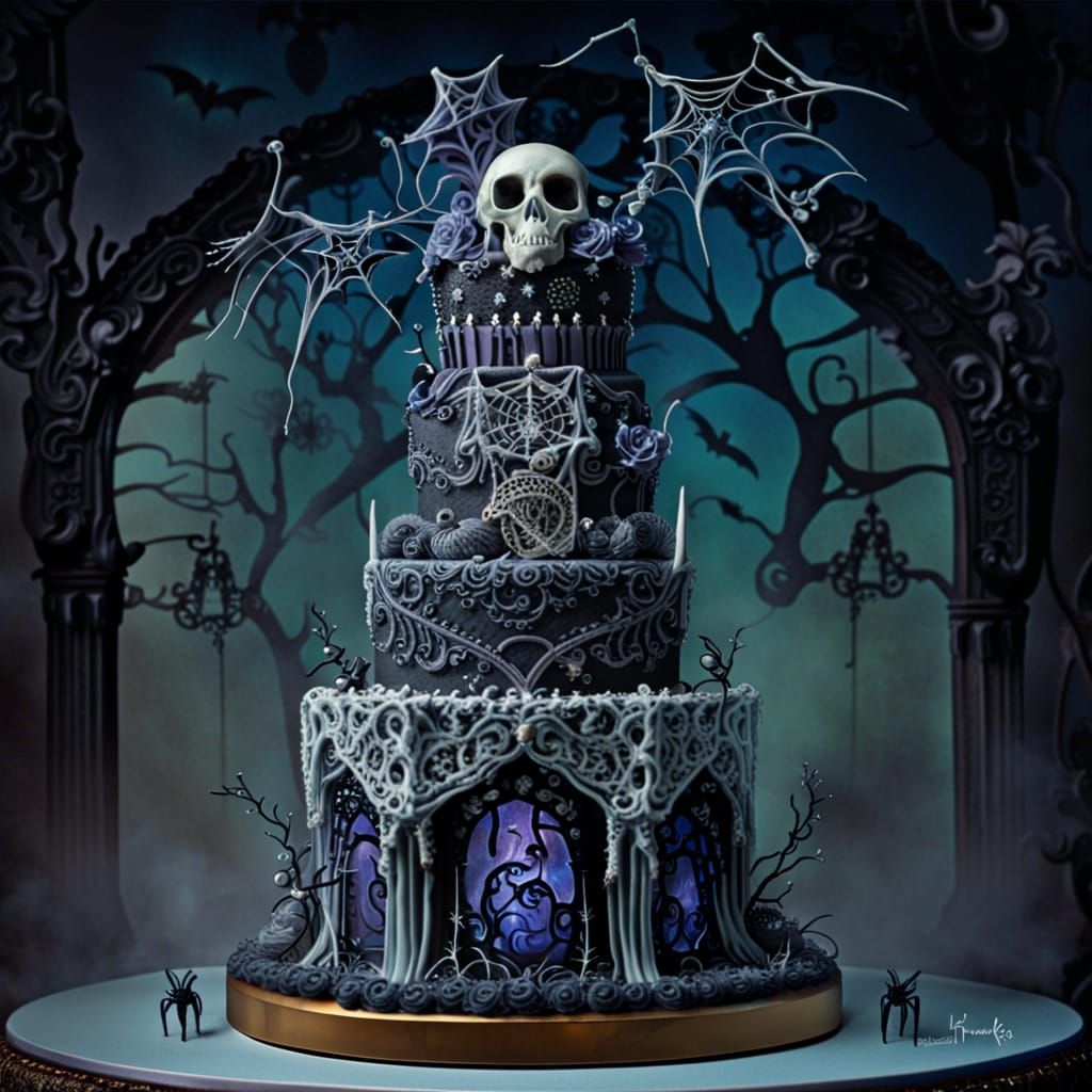 Halloween Wedding Cake with Skulls in Ethereal Style