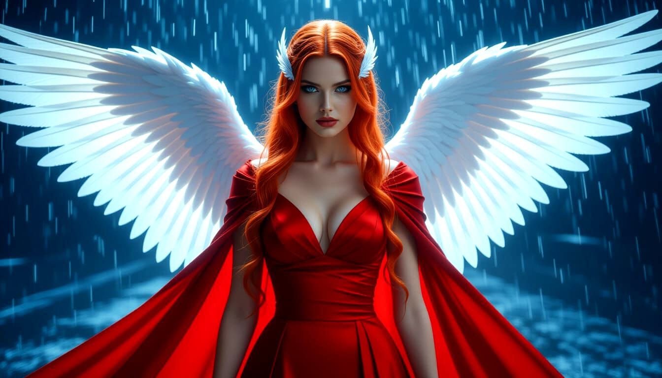Angel with Wings in Rain, Photorealistic 8K