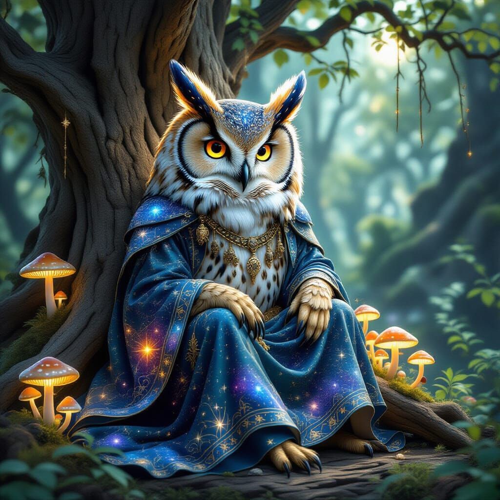 Wise Owl Sage with Galaxy Eyes on Ancient Tree