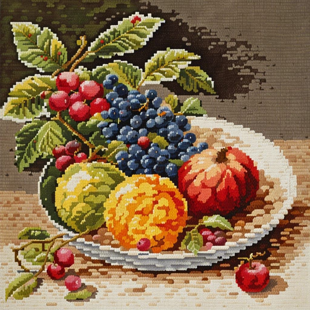Cross-Stitch Still Life with Fruit and Butterfly