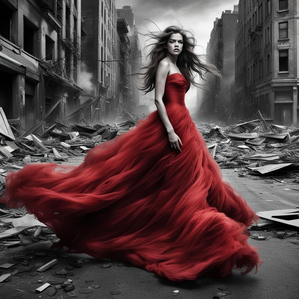 Apocalyptic Red Cityscape with Woman in Red Gown