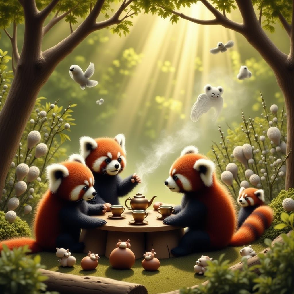Red Pandas Enjoy Tea Party in Sun-Dappled Forest