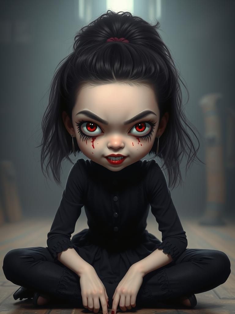 Eerie Girl with Skull in Cartoon Style