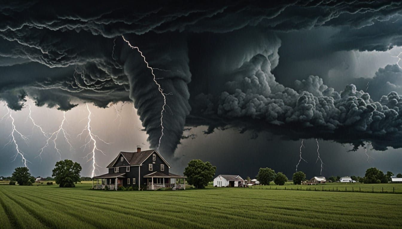 Tornado Approaches Farmhouse Under Stormy Sky