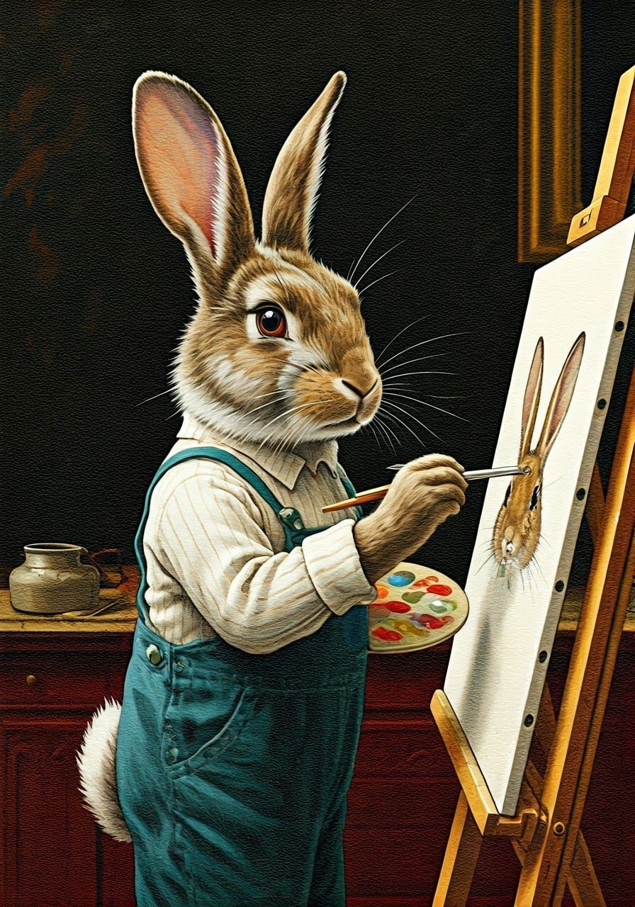 Rabbit Artist Paints Elegant Self-Portrait in Classic Style