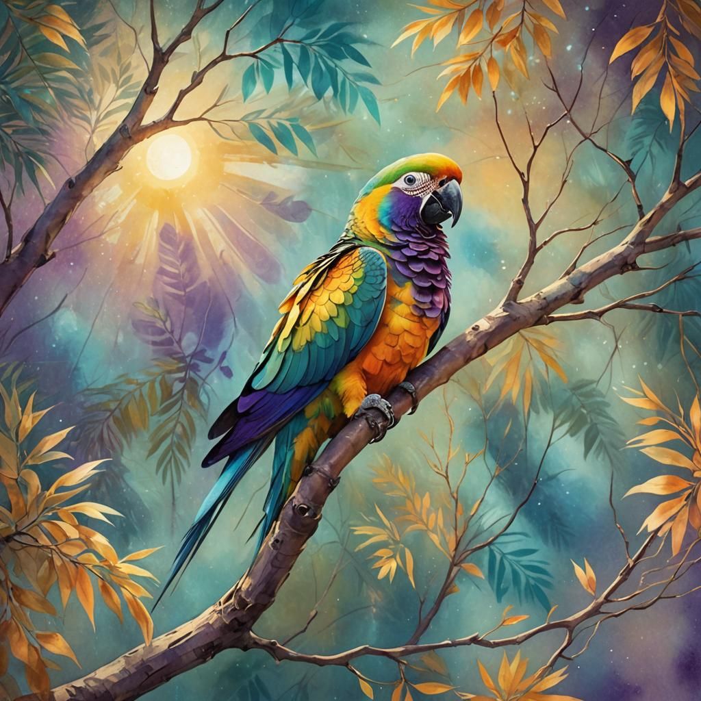 Parrot in Watercolor Concept Art with Moonscape