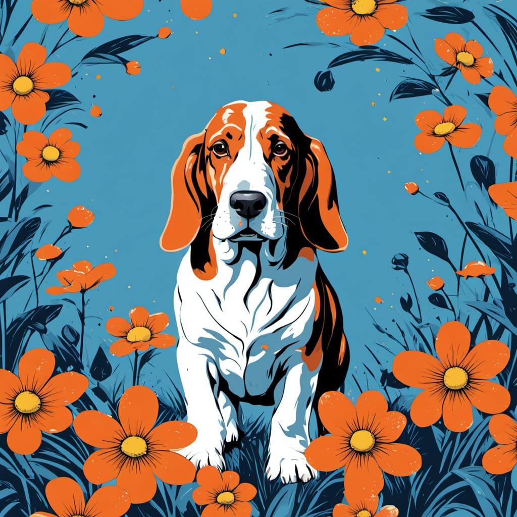 Basset Hound Running Joyfully Through Flowers in Pop Art Sty...