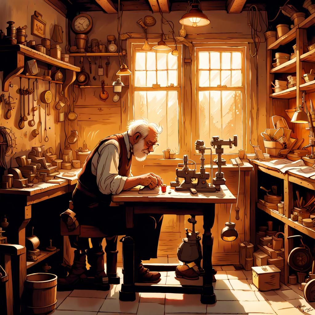 Grumpy Toymaker with Fairies in Storybook Illustration Style