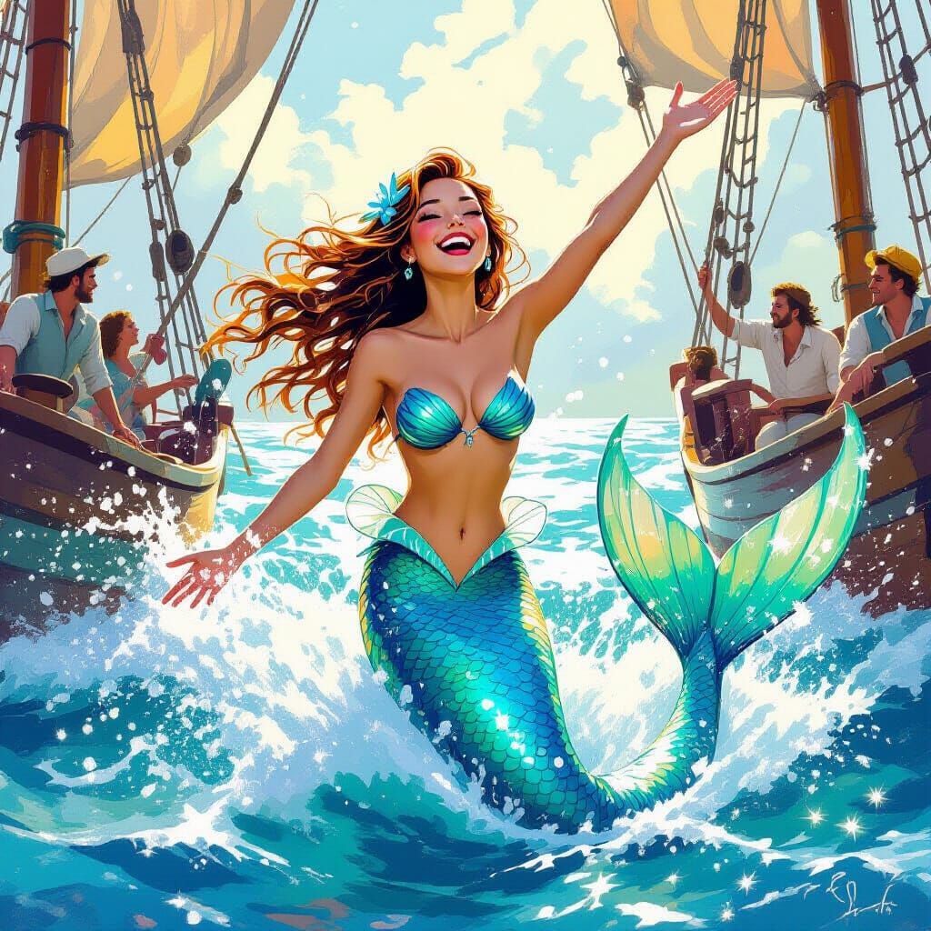 Playful Mermaid Splashing in Sparkling Ocean, Vibrant Art St...