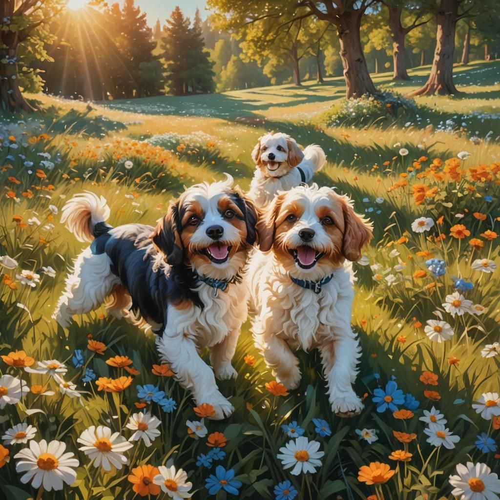 Cavachon Dogs Playing in Sunny Meadow as Oil Painting